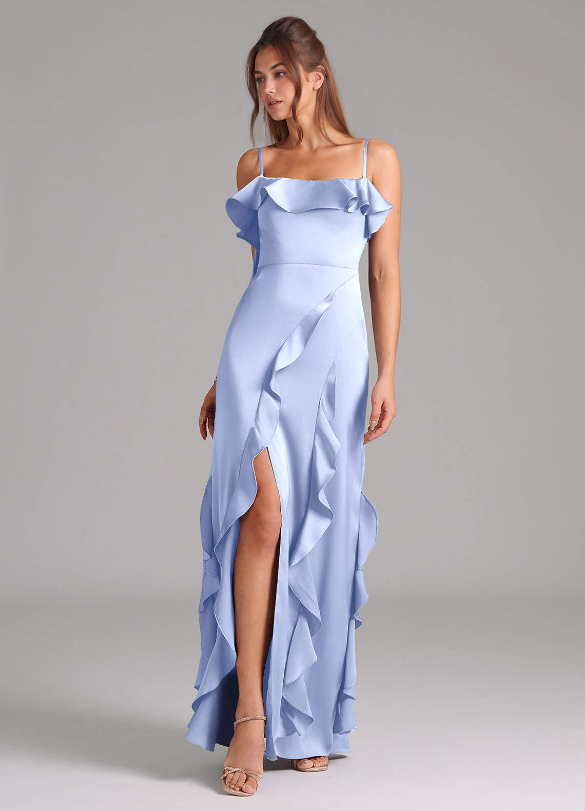 Azazie Malia Robes de demoiselle d'honneur Robe Trapèze en Satin extensible Fente Latérale Eis image1