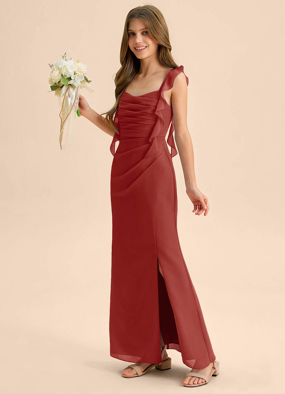 Azazie Jessamine Junior Terracotta Mermaid Sweetheart Neckline Chiffon Dress image5