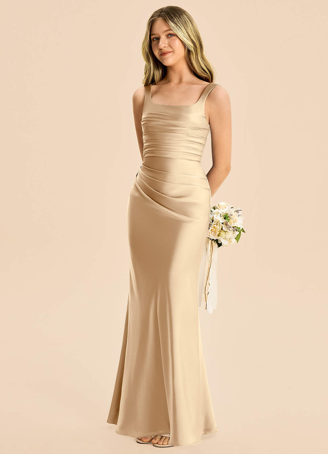 Azazie Sheath Square Neck Floor-Length Stretch Satin Junior Bridesmaid Dresses