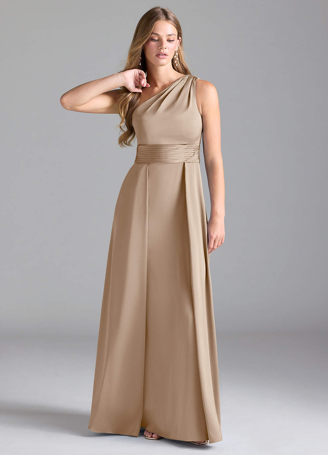 Azazie Dallas Brautjungfernkleider A-Linie One-Shoulder Stretch-Satin Kleid Taupe image1