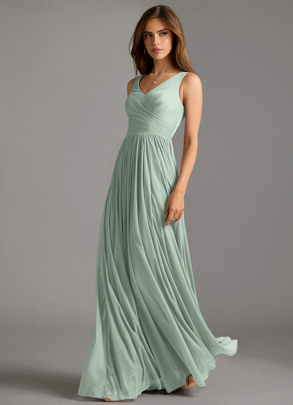 Azazie Keyla Bridesmaid Dresses Agave A-Line Pleated Mesh Dress image1