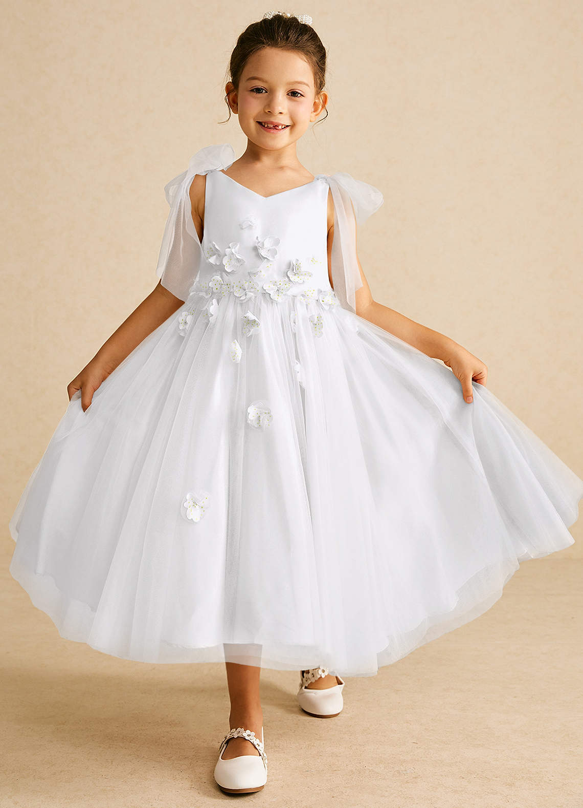 Azazie Minia Flower Girl Dresses White A-Line Bow Matte Satin Dress image1
