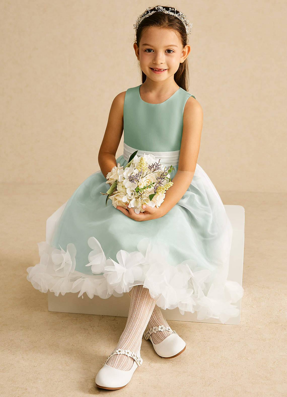 Azazie Stardust Flower Girl Dresses Agave A-Line Sleeveless Organza Dress image1
