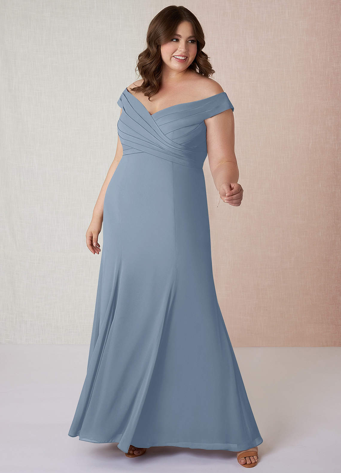Azazie Lecia Bridesmaid Dresses Dusty Blue Empire Off-The-Shoulder Pleated Chiffon Convertible Dress image1