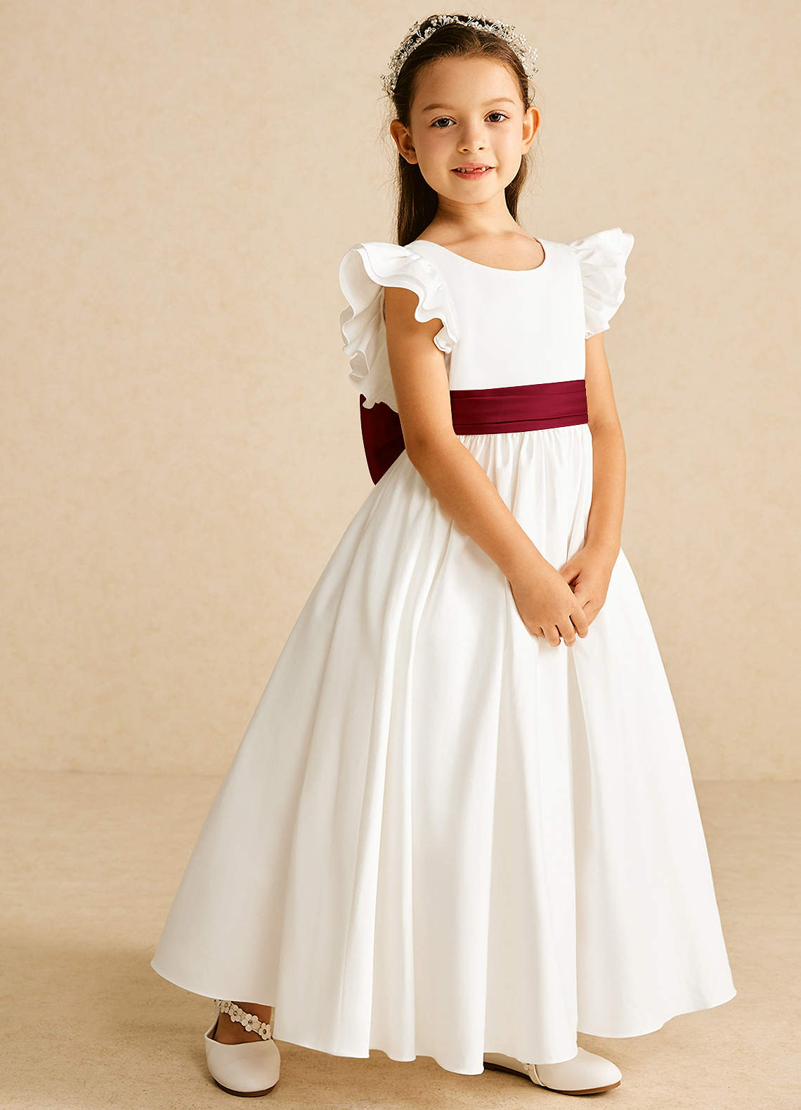 Azazie Aero Flower Girl Dresses Ivory Burgundy A-Line Pleated Cotton Dress image4