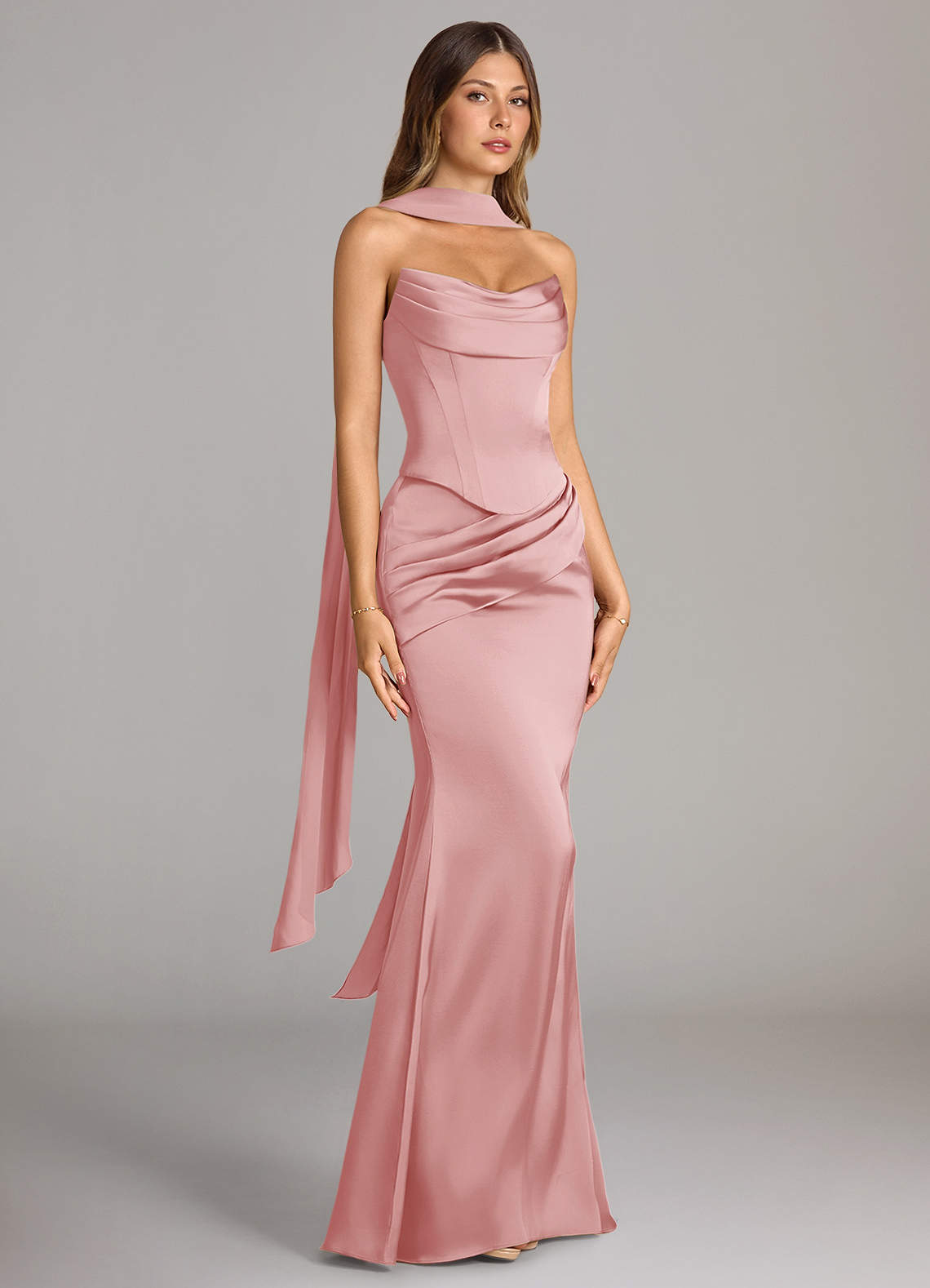 Azazie Sorrel Bridesmaid Dresses Powder Pink Mermaid Strapless Stretch Satin Convertible Dress image2