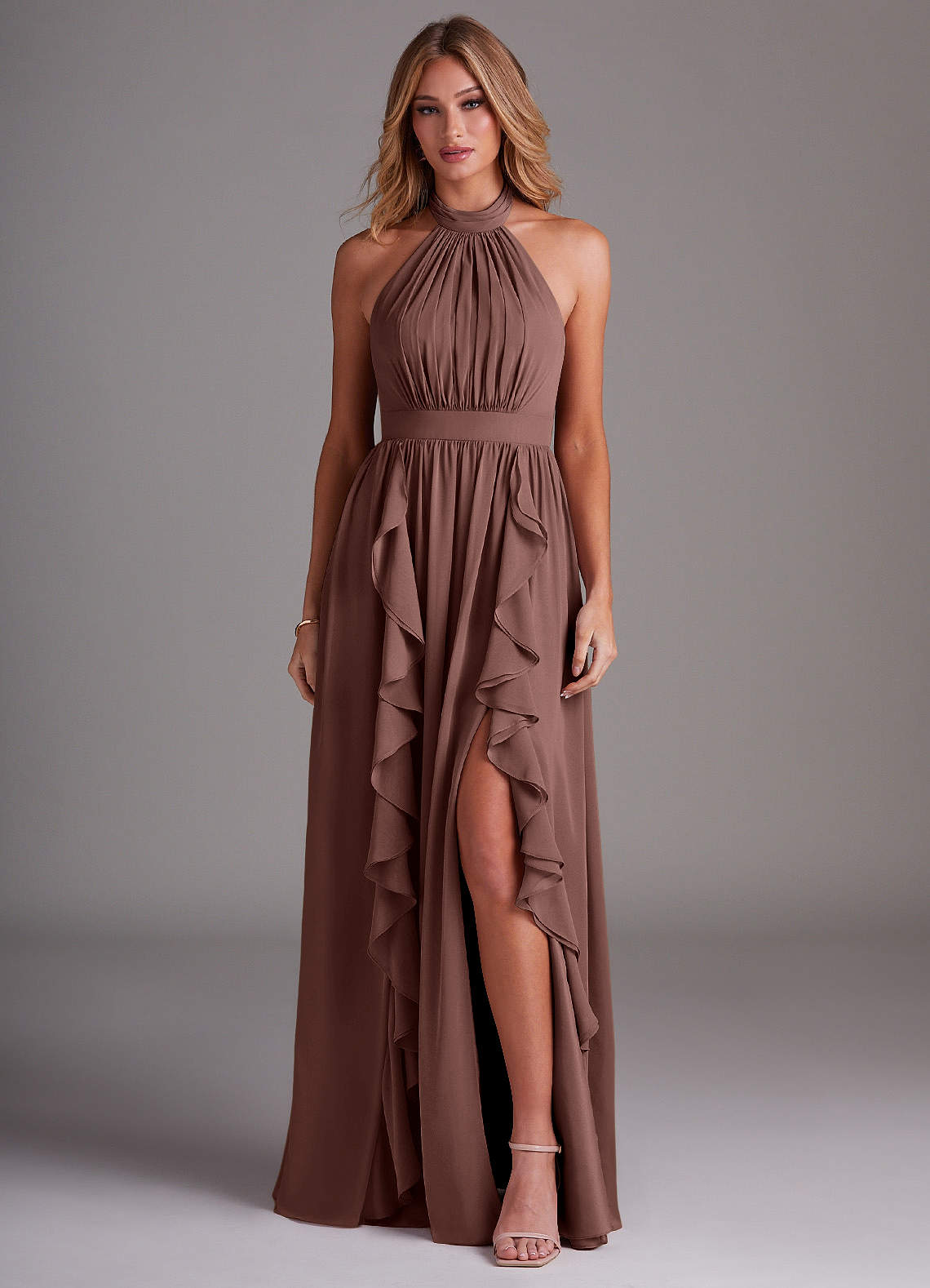 Azazie Avary Bridesmaid Dresses Espresso A-Line Pleated Chiffon Dress image1