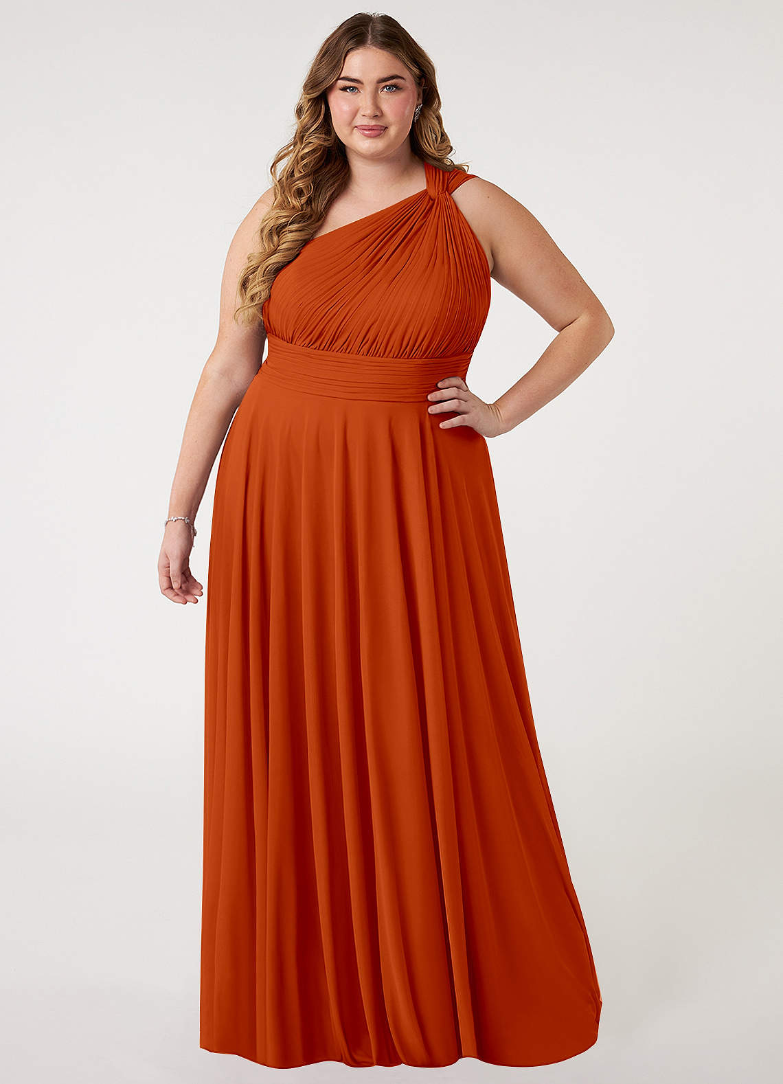 Azazie Charlize Bridesmaid Dresses Paprika A-Line One Shoulder Mesh Dress image5