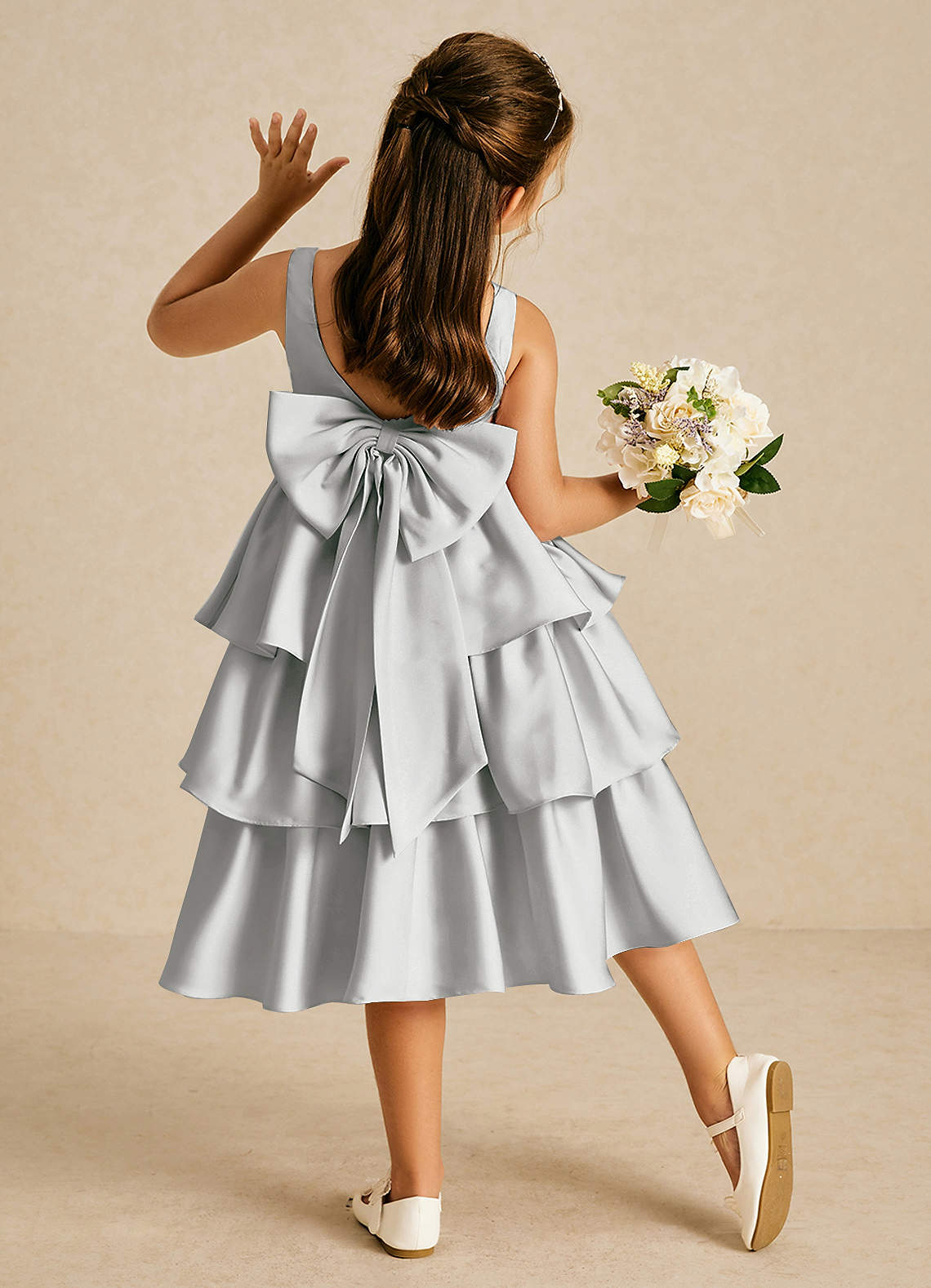 Azazie Margery Flower Girl Dresses Silver A-Line Bow Stretch Satin Dress image1