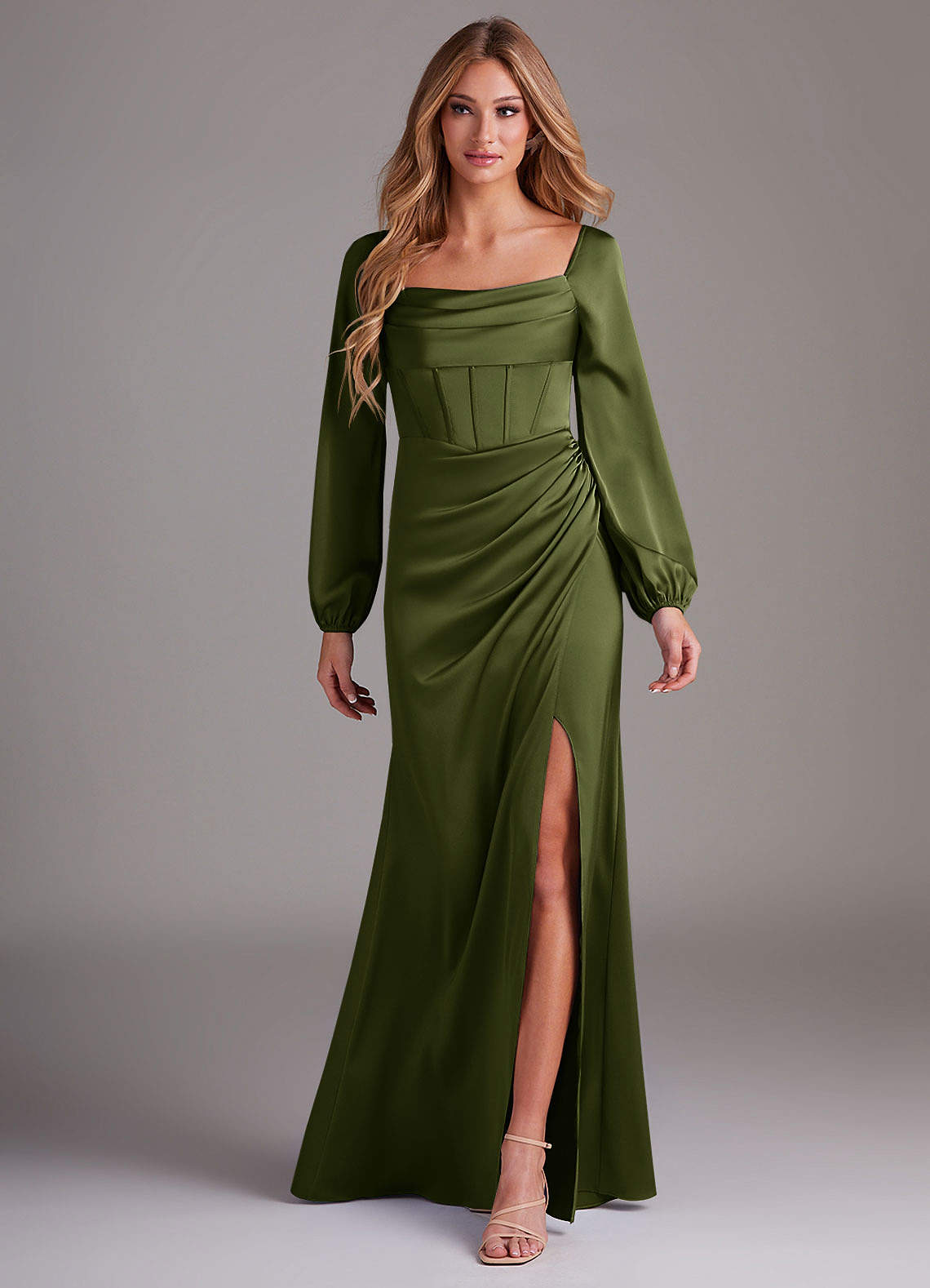 olive satin dress long sleeve Azazie Raye