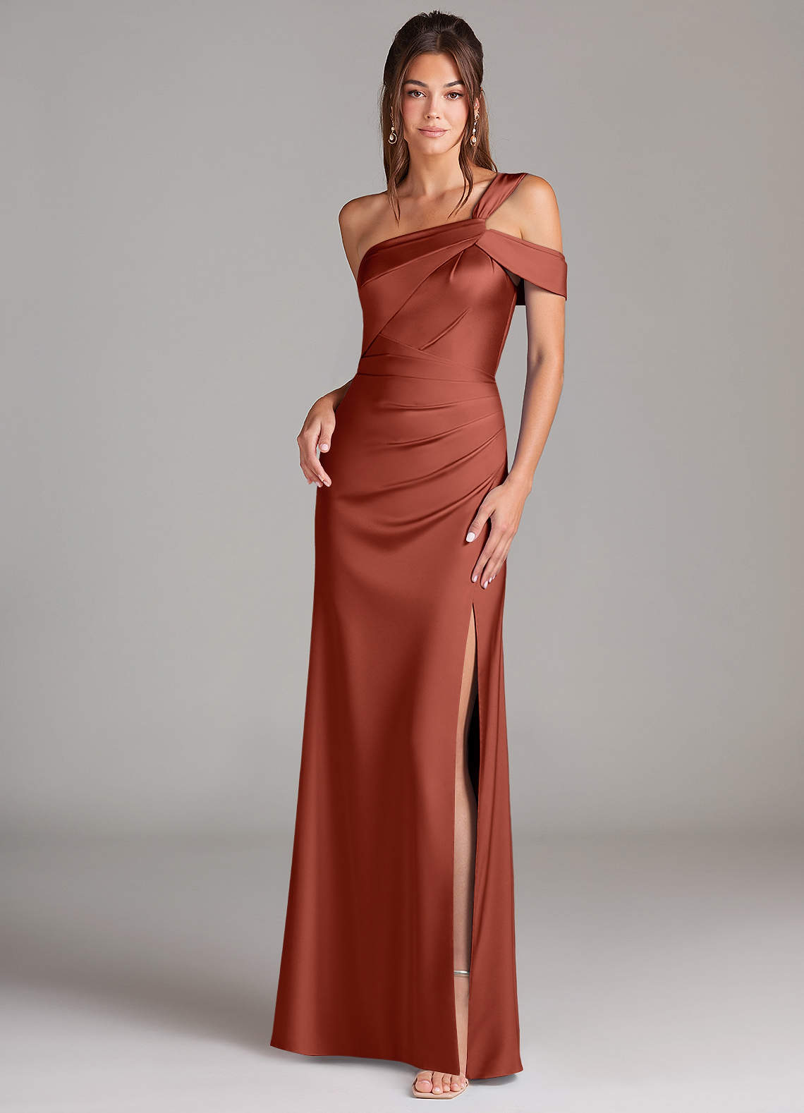 Azazie Wynter Bridesmaid Dresses Terracotta Sheath Off the Shoulder Stretch Satin Dress image1