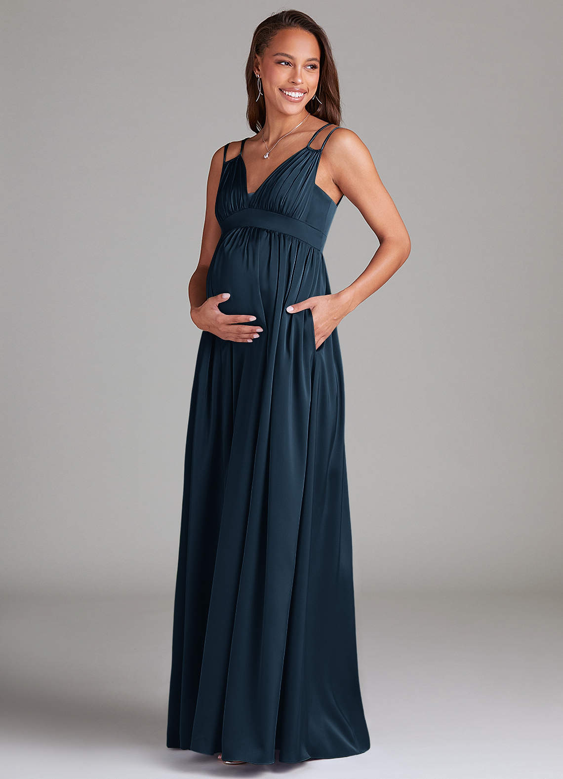 navy blue maternity bridesmaid dress Azazie A-Line V-Neck Floor-Length Stretch Satin Dresses babyboo navy blue dress christmas party outfits She features an adjustable Color:As on photo
