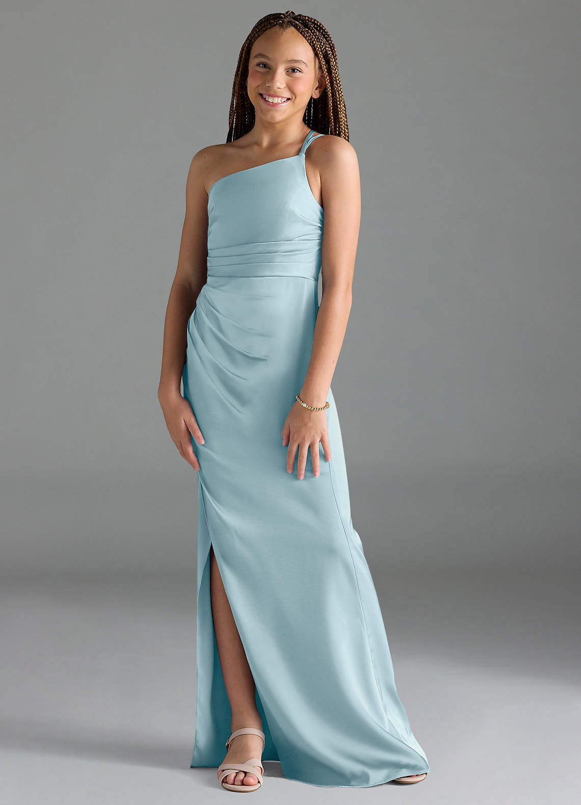 Azazie Eren Junior Moody Blue Sheath Pleated Stretch Satin Dress image1