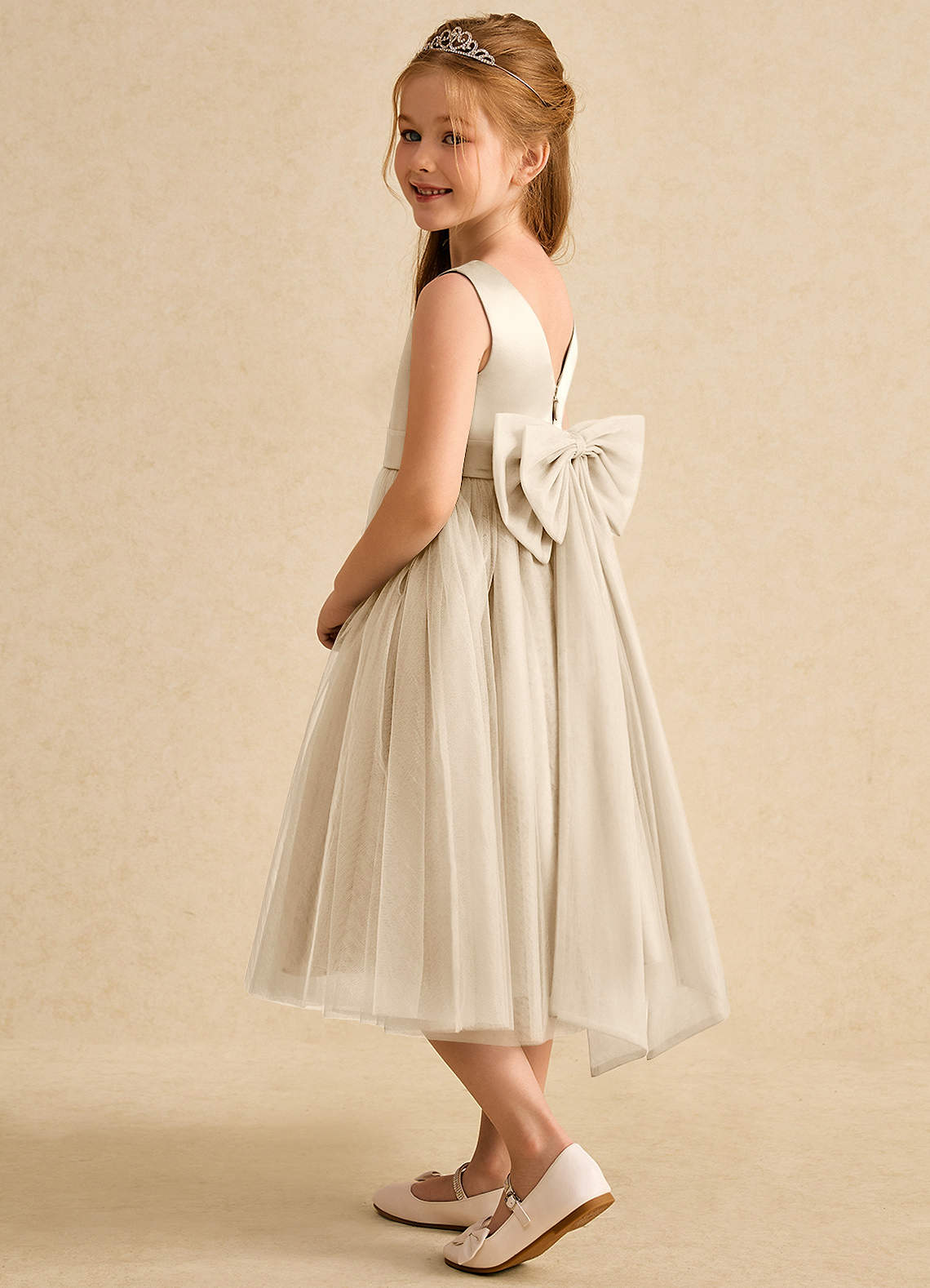 Azazie Winnie Flower Girl Dresses Champagne Ball-Gown Bow Tulle Dress image4