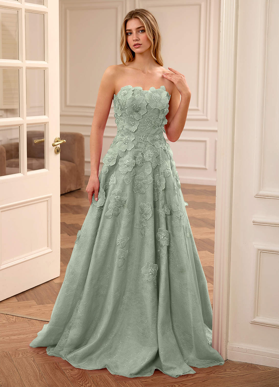 Adelaide Dusty Green Floral A-line Rhinestone Embroidery Sweetheart Neckline Prom Dress Ready to Ship