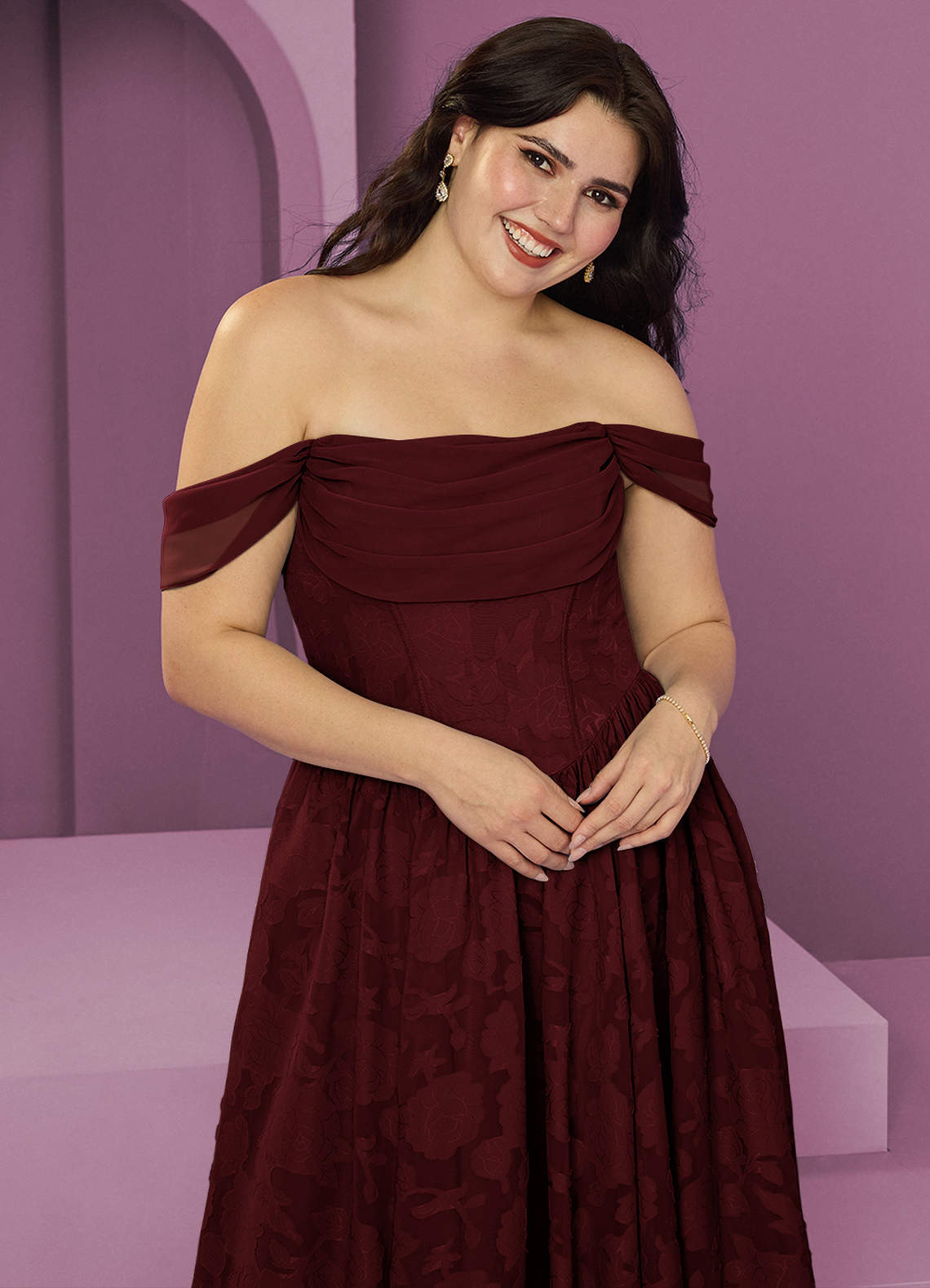 Barbie ♥ Azazie Bridesmaid Dresses Cabernet A-Line Off the Shoulder Floral Burnout Convertible Dress image10
