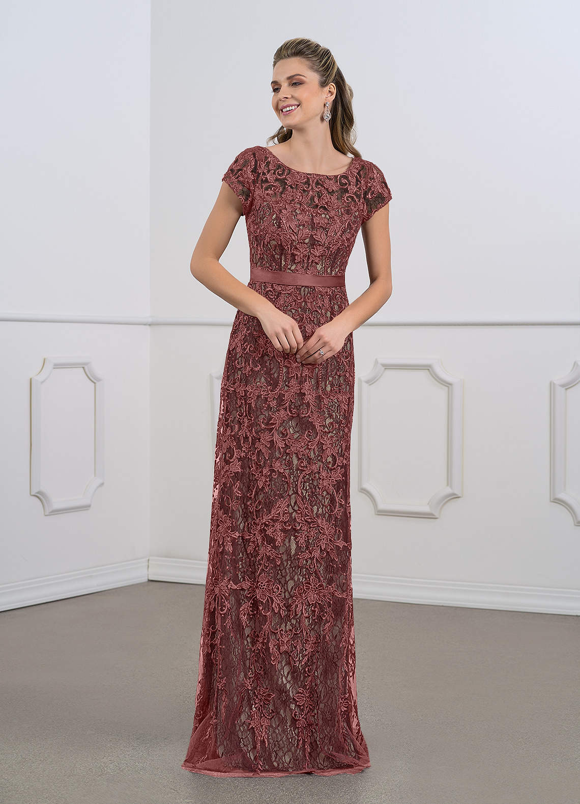 Azazie Dorit Mother of the Bride Dresses Desert Rose Champagne Sheath Scoop Lace Dress image1