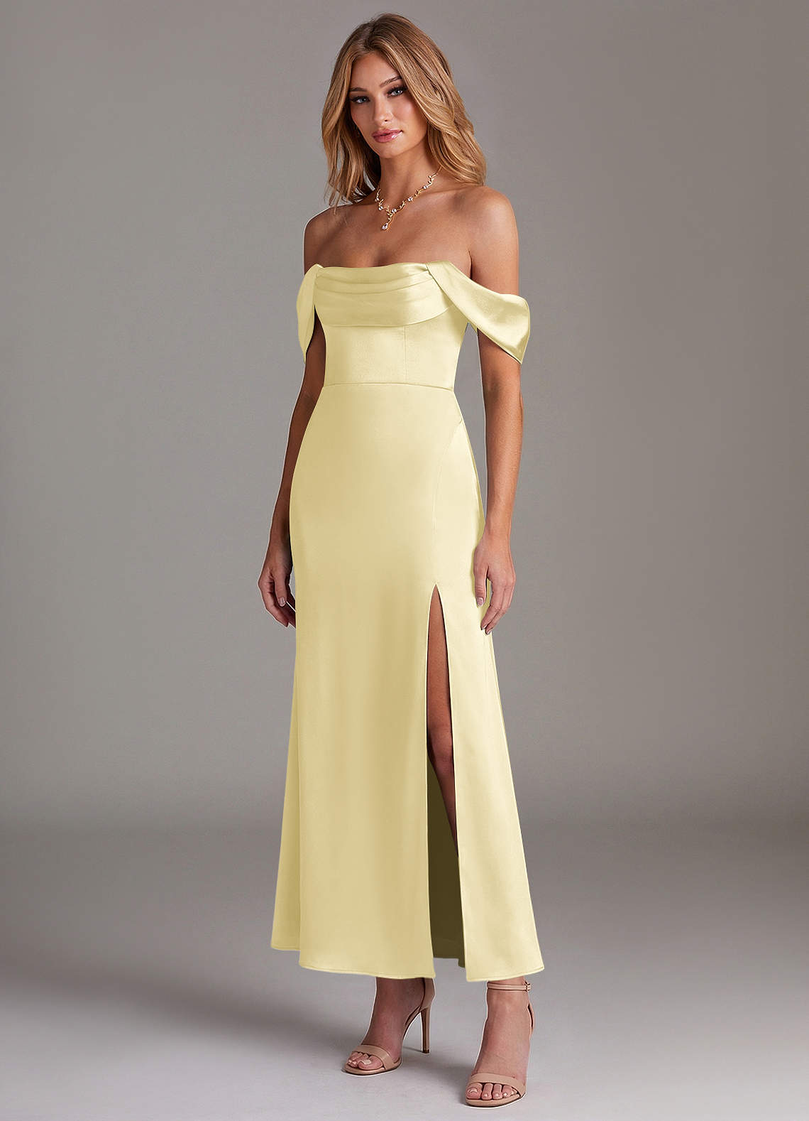 Azazie Saige Vestidos de madrinha de casamento Vestido Sorvete De Limão de Cetim elástico de sereia com Fora do ombro image3