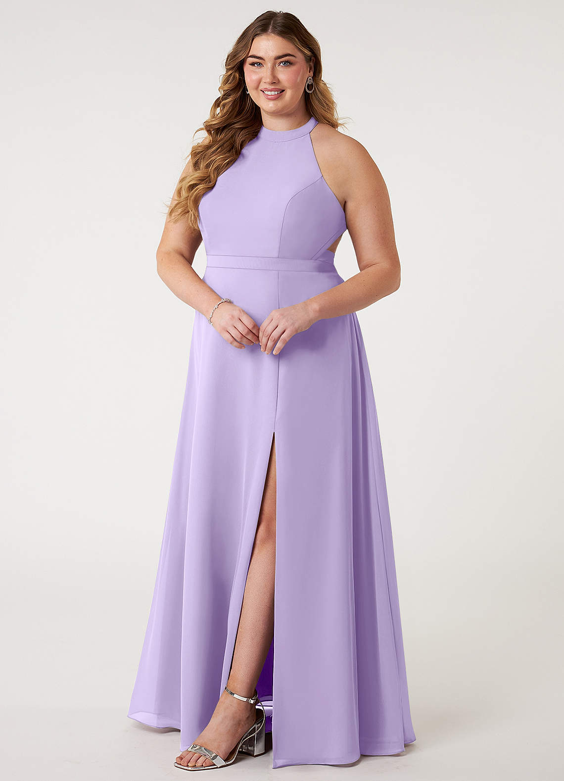 Azazie Plus Size A-Line Halter Neck Floor-Length Chiffon Bridesmaid Dresses - Lilac