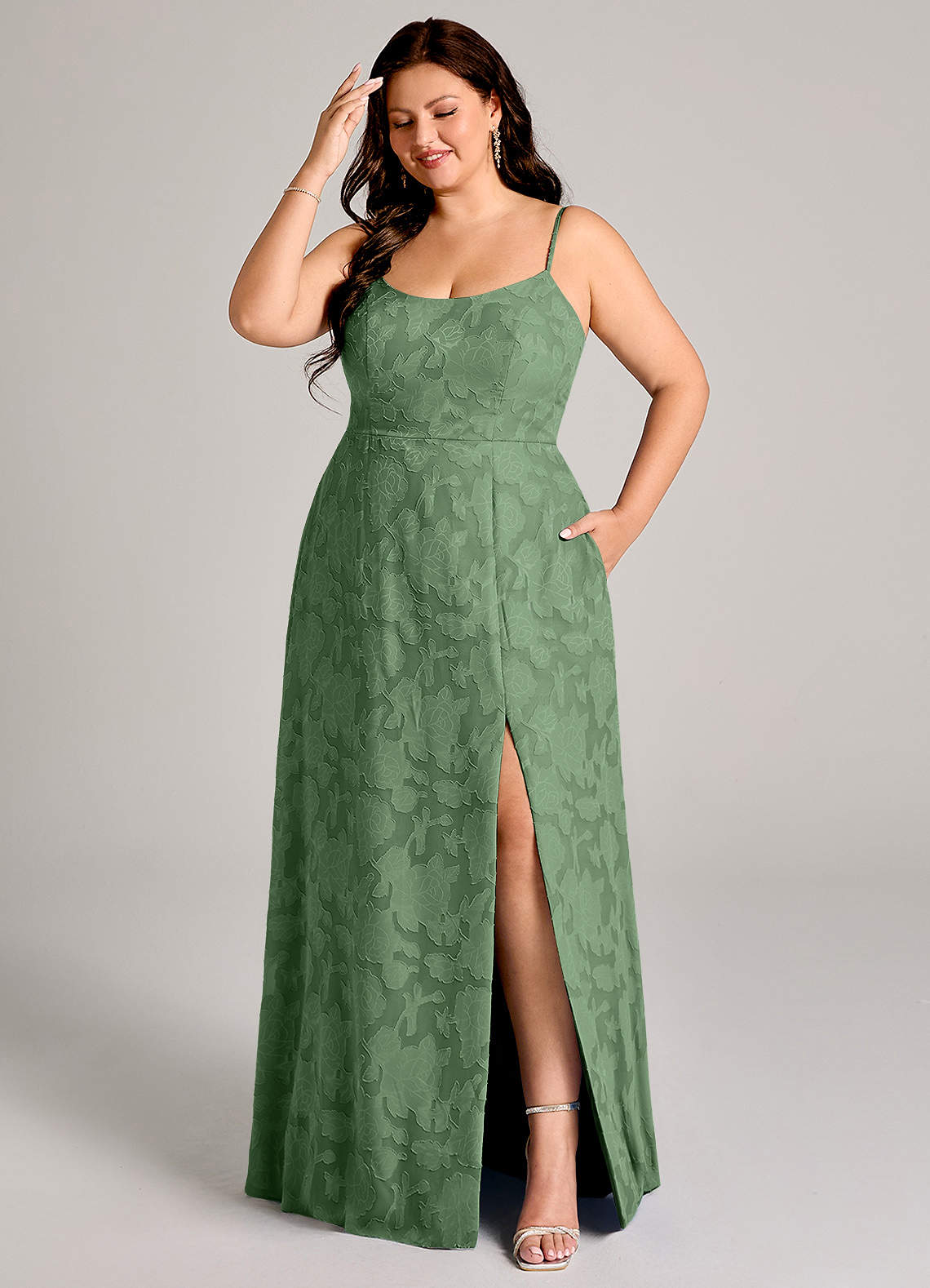 Azazie Moira At-home Try On Dresses Eucalyptus A-Line Side Slit Floral Burnout Dress image6