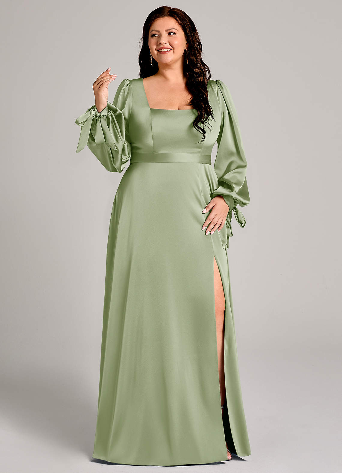 Azazie Leonia Robes de demoiselle d'honneur Robe Trapèze en Satin extensible Manche longue Vert Sauge image9