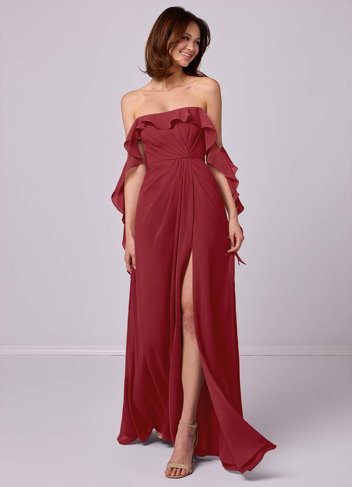 Barbie ♥ Azazie Bridesmaid Dresses Pomegranate A-Line Off the Shoulder Chiffon Convertible Dress image1