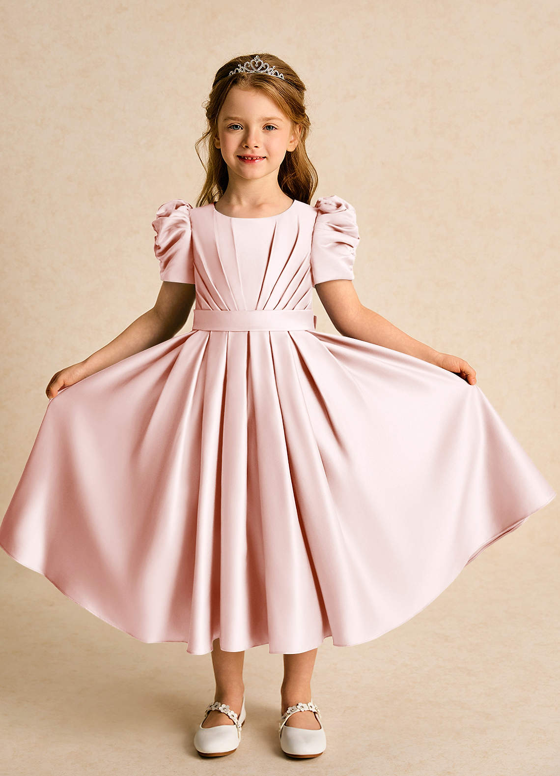 Azazie Miriam Abiti da Ragazza di Fiori Abito Principessa in Raso Opaco Plissettato Rosa Rossore image4