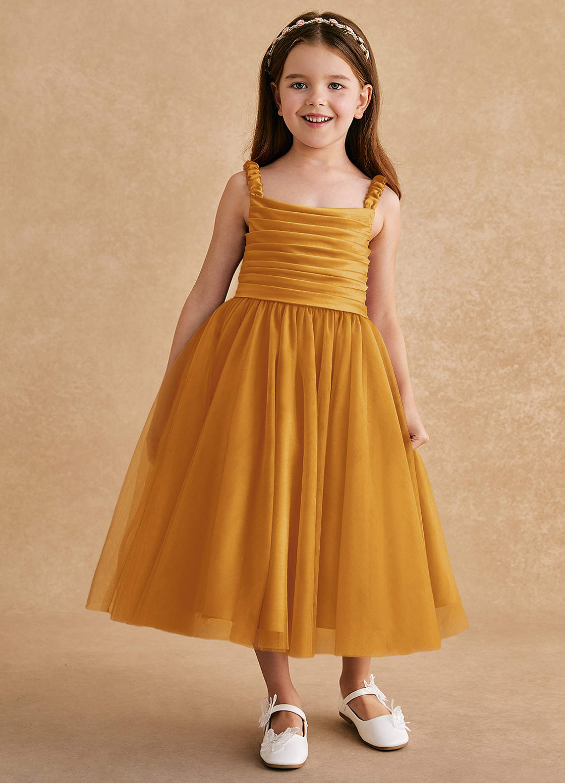 Azazie Gabbie vestidos de niña de las flores Vestido de Caramelo de Satin Mate de Corte En A con Plisado image1