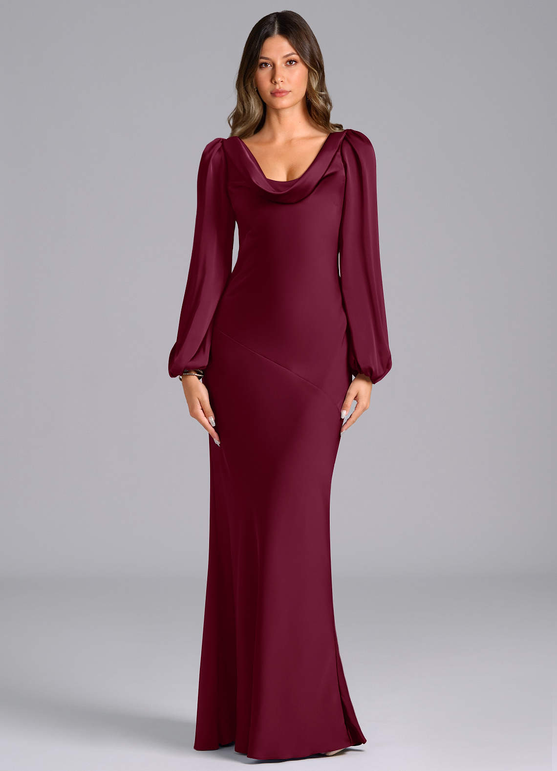 Azazie Rylina Bridesmaid Dresses Mulberry Mermaid Long Sleeve Stretch Satin Dress image1
