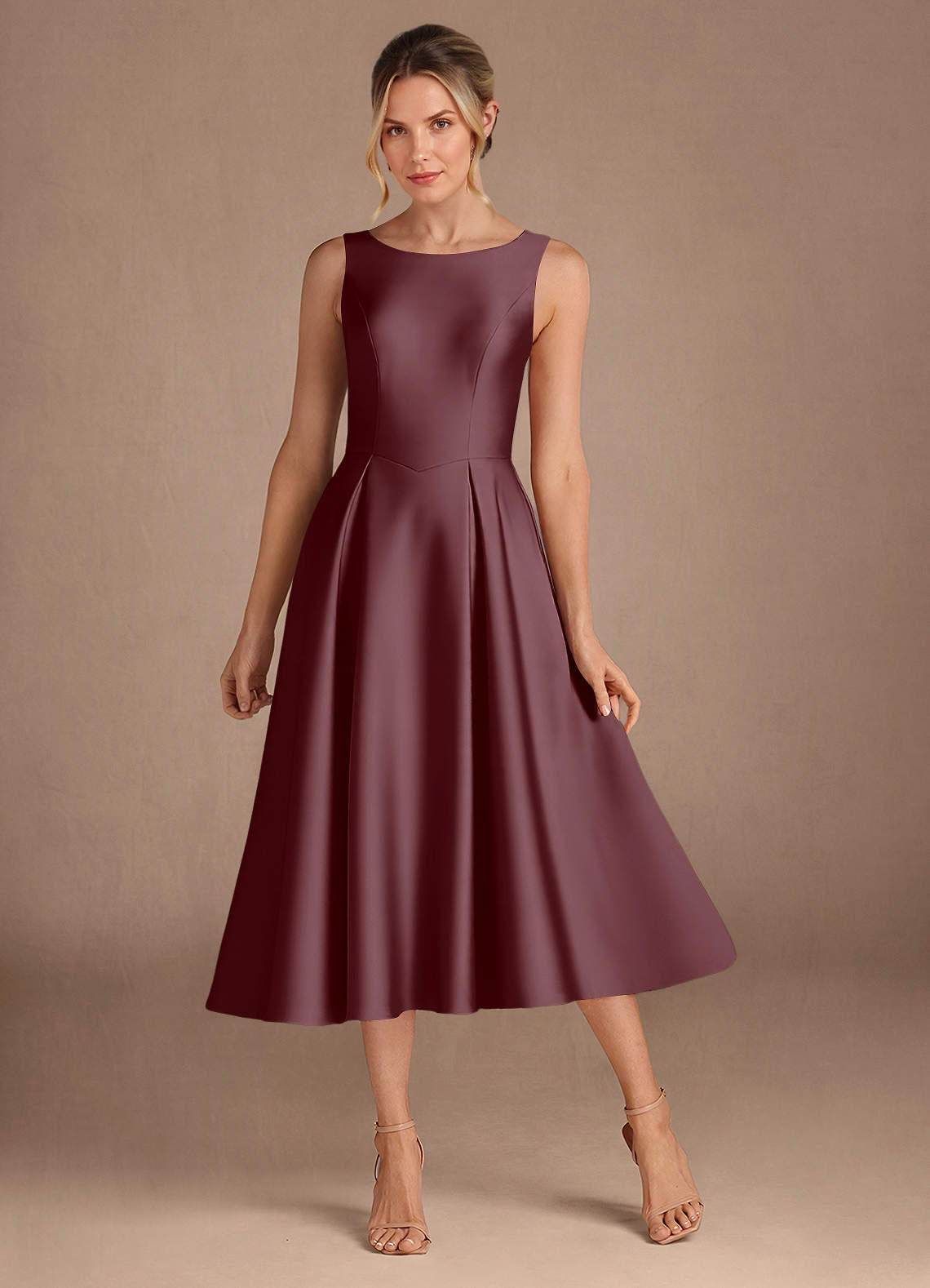 Azazie Fulton Mother of the Bride Dresses Sangria A-Line Pleated Stretch Satin Dress image1