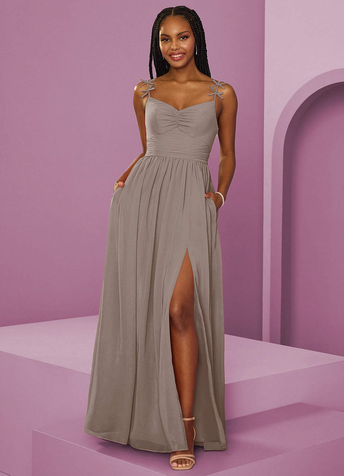 Barbie ♥ Azazie Brautjungfernkleider A-Linie Plissee Chiffon Kleid Taupe image1
