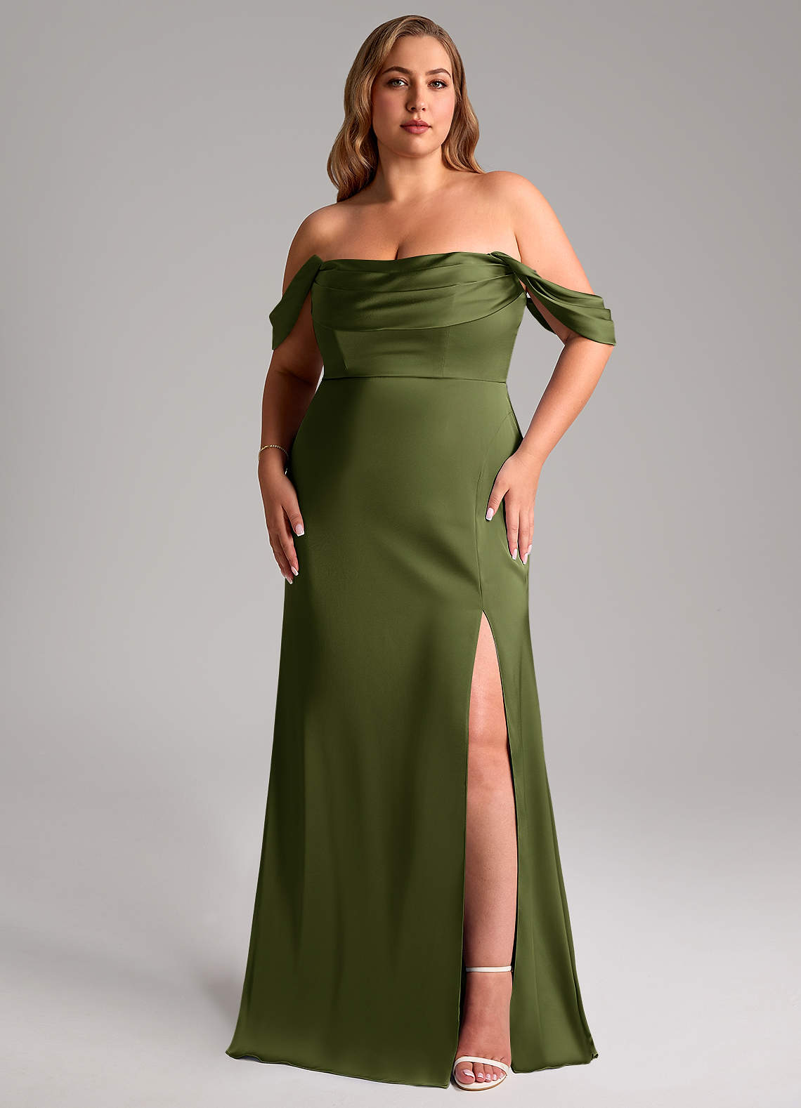 Azazie Saige Bridesmaid Dresses Olive Sheath Off the Shoulder Stretch Satin Dress image10