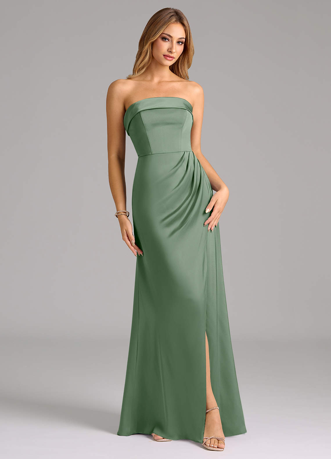 Azazie Aretha Bridesmaid Dresses Matcha A-Line Strapless Stretch Satin Convertible Dress image1