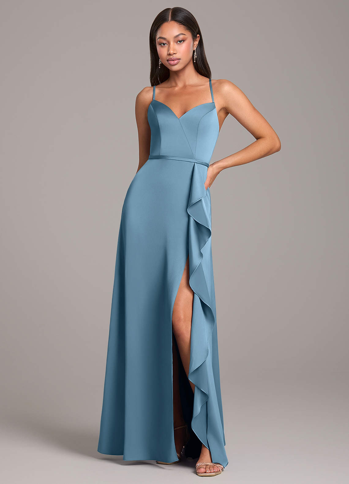 Azazie Naeem Bridesmaid Dresses Steel Blue A-Line Stretch Satin Dress image1