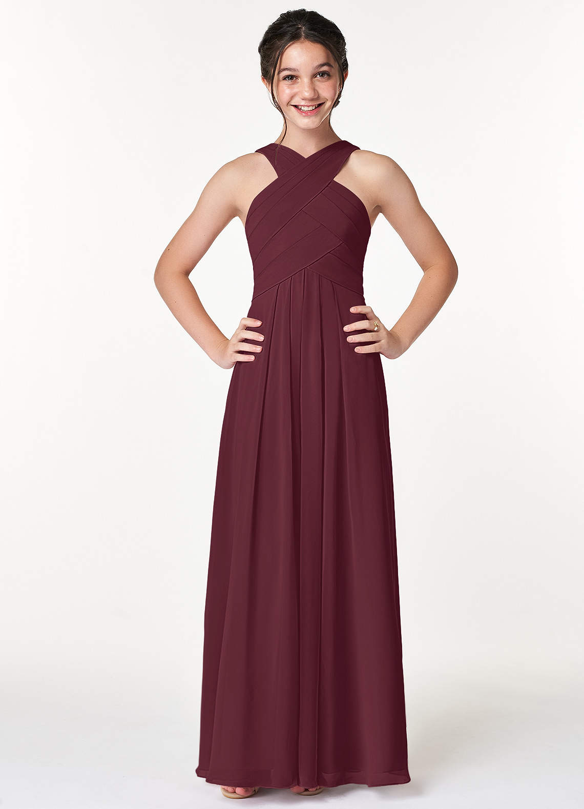 Azazie Kaleigh Junior Robe Trapèze en Mousseline de soie Plissée Cabernet image1