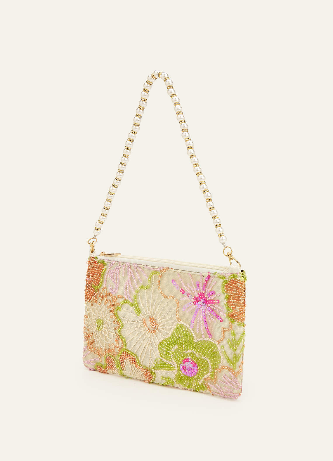 front Sequin Embroidered Floral Pearl Strap Shoulder Bag
