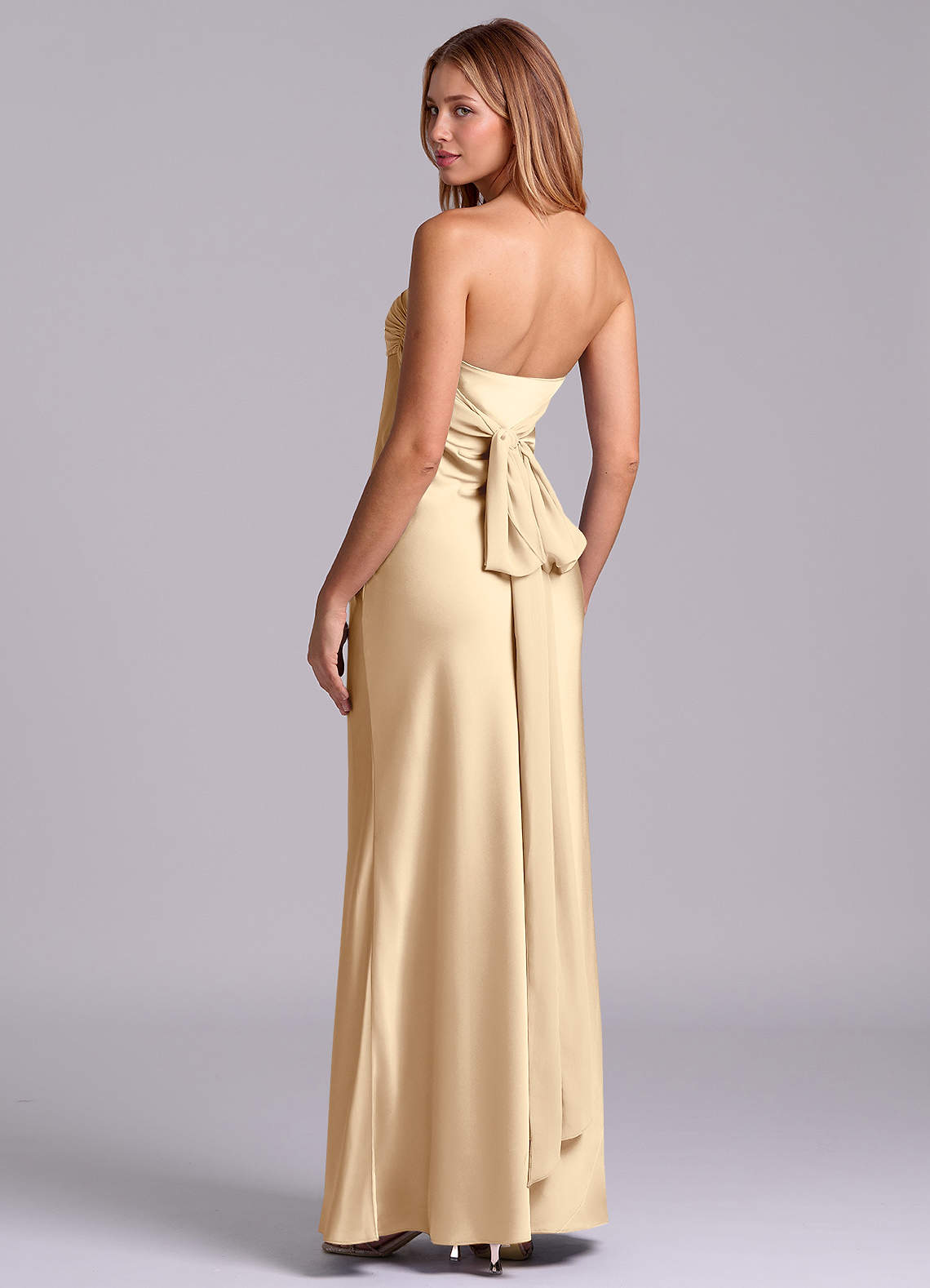 strapless champagne satin dress Kona Strapless Pleated Bust Satin Maxi Dress Champagne