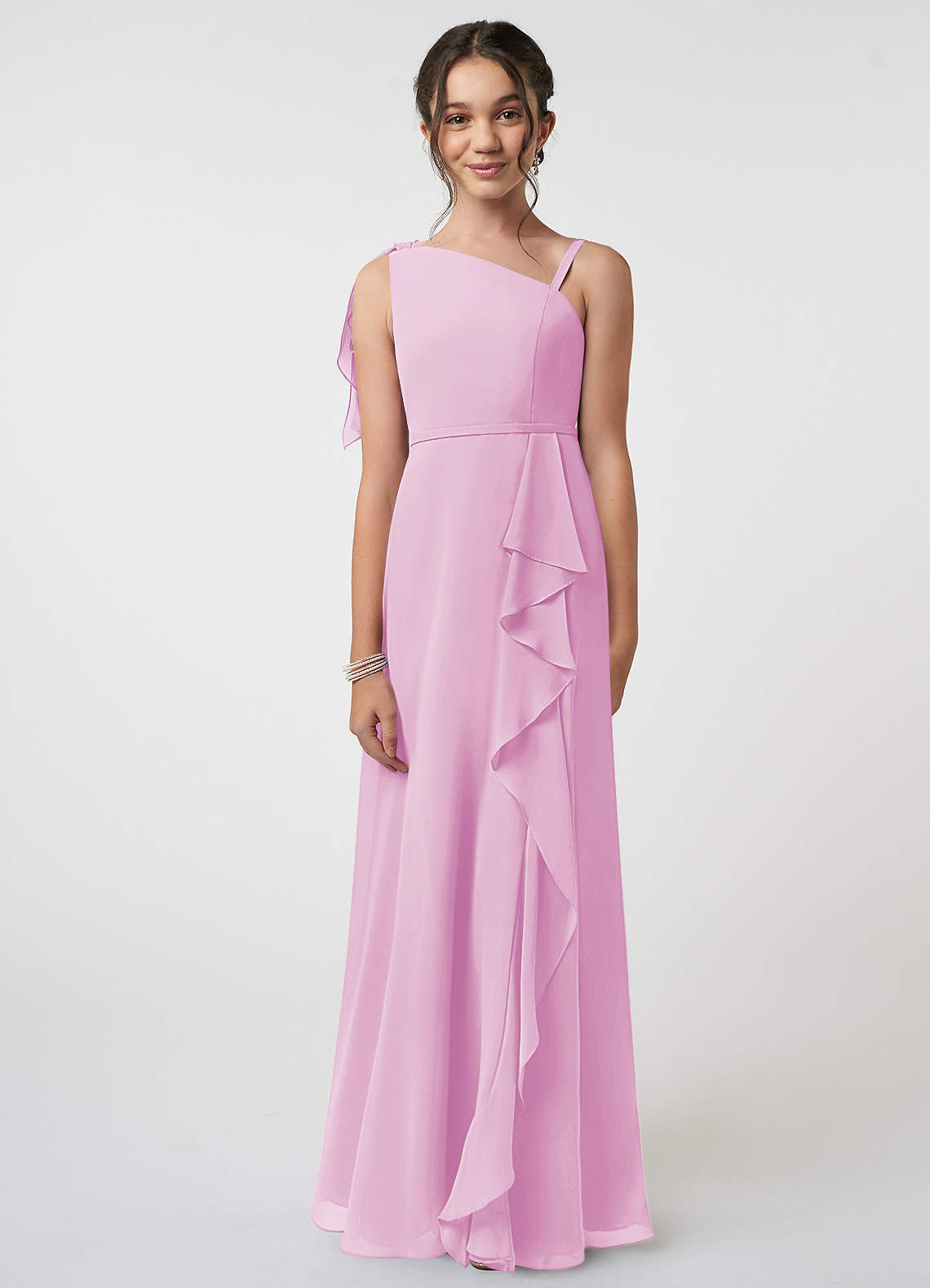 Azazie Aidy Junior Candy Pink A-Line Bow Chiffon Dress image1