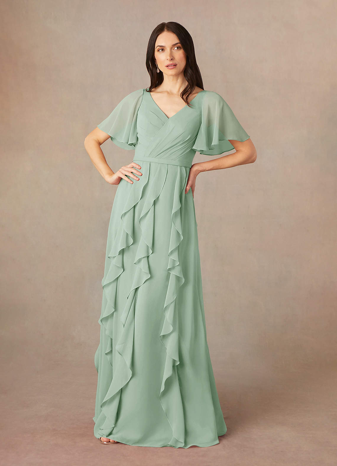 Azazie Watson Mère de la mariée Robes Robe Trapèze en Mousseline de soie Col en V Agave image1