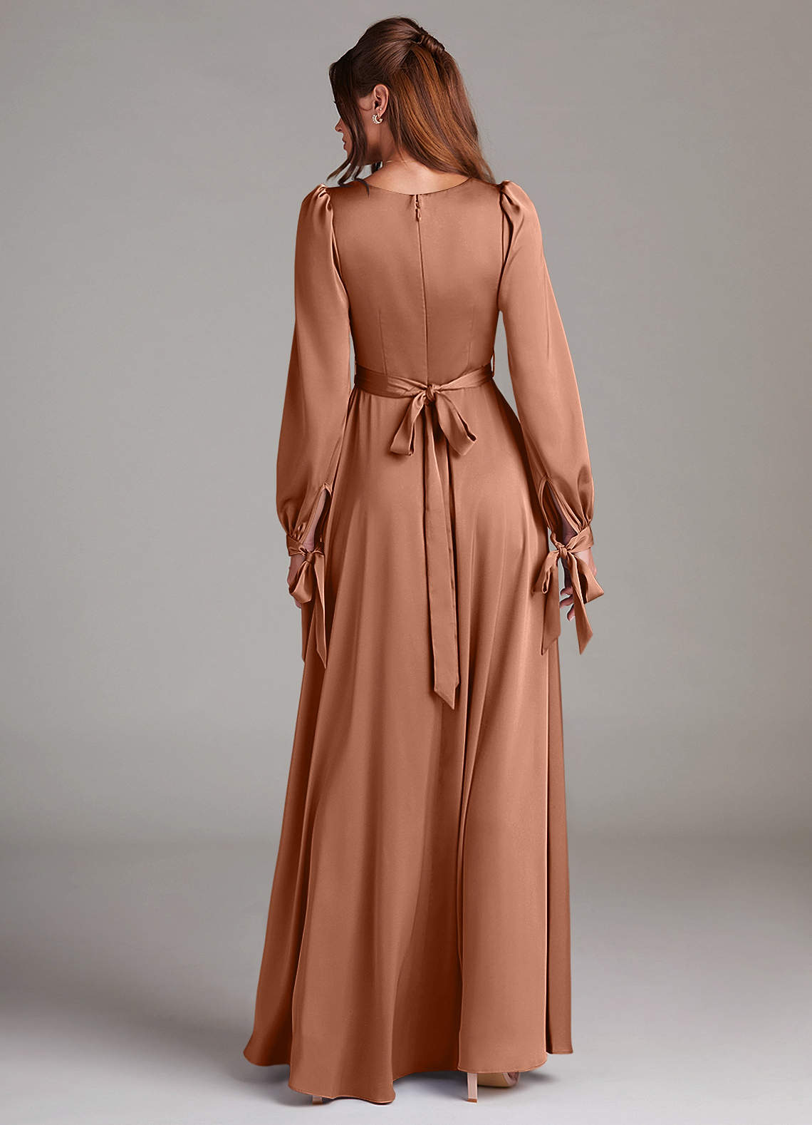 Azazie Leonia Jurken voor bruidsmeisjes Jurk van Stretch Satijn met A-Lijn Lange mouw Bronzeertint image1