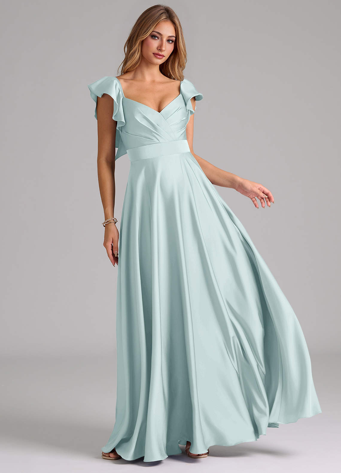 Azazie Leilani Bridesmaid Dresses Mist A-Line Ruched Stretch Satin Dress image1