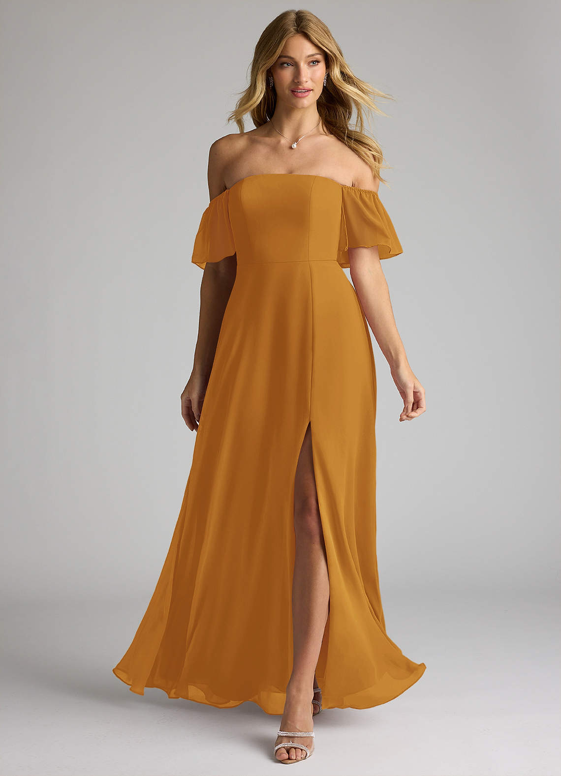 Azazie Sue Bridesmaid Dresses Butterscotch A-Line Off the Shoulder Chiffon Convertible Dress image1
