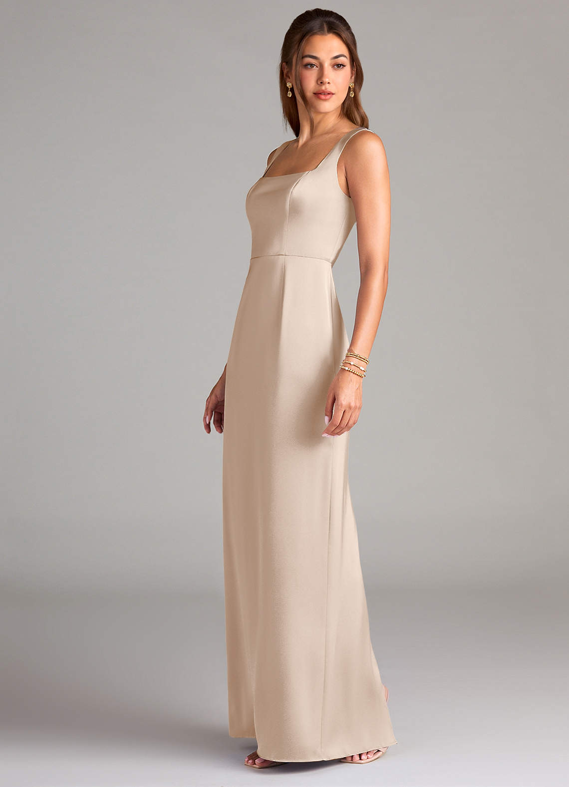 Azazie Sheath Square Neck Floor-Length Stretch Satin Bridesmaid Dresses - White Alabaster