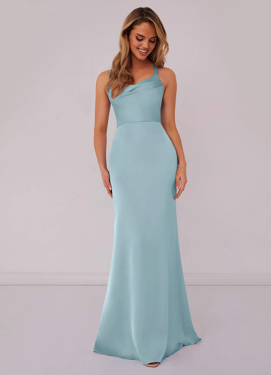 Barbie ♥ Azazie Bridesmaid Dresses Moody Blue Mermaid Pleated Stretch Satin Dress image1