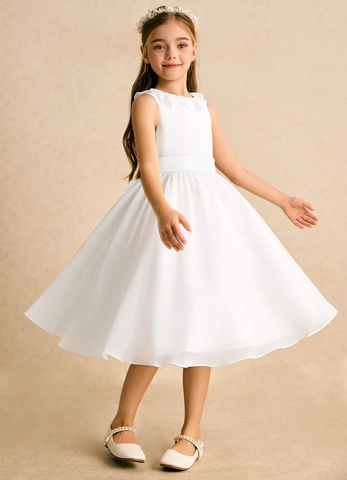 Azazie Dani vestidos de niña de las flores Vestido de Marfil de Gasa de Corte en A con Lazo image4