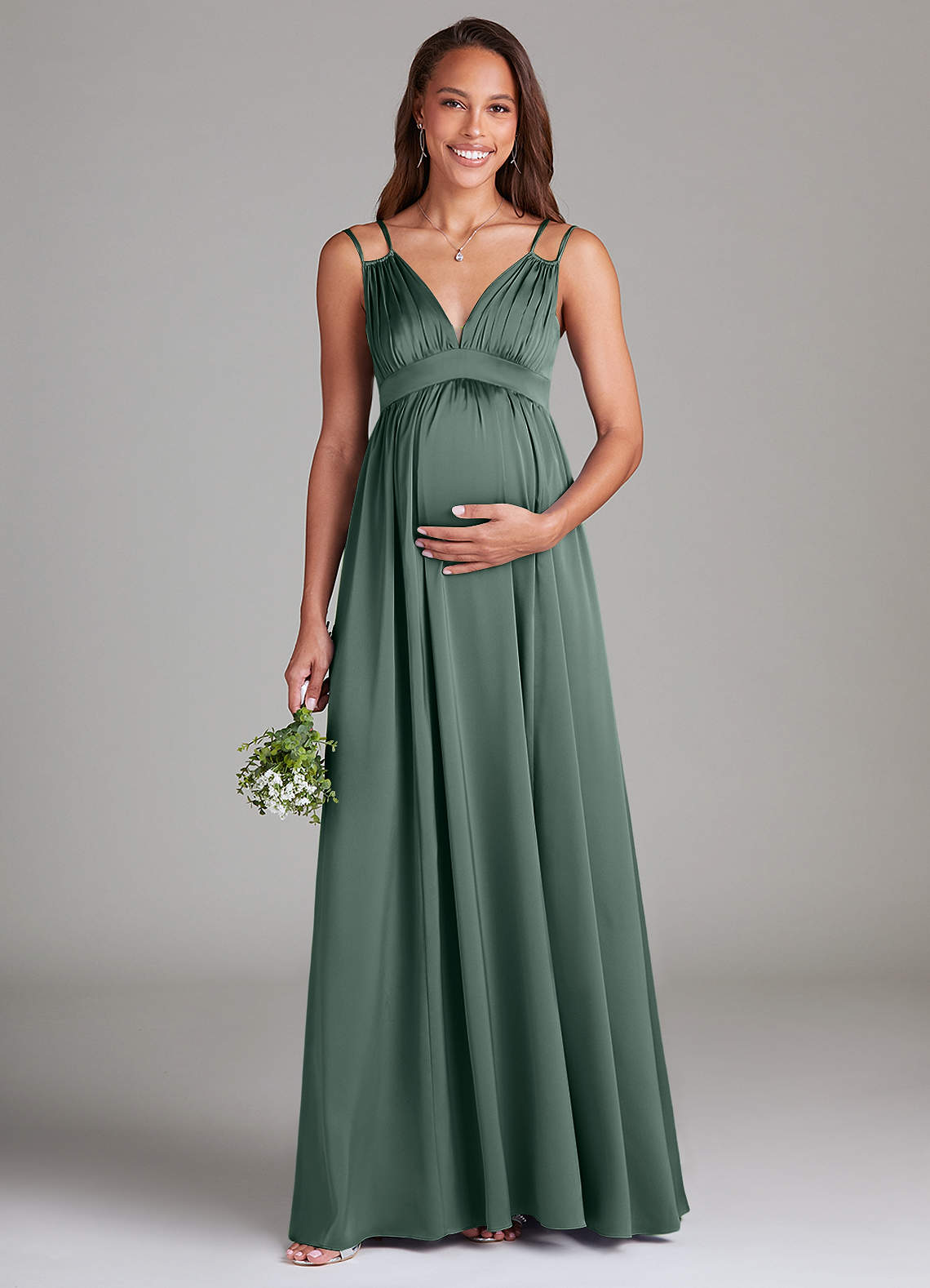 Azazie Emree Maternity Bridesmaid Dresses A-Line Stretch Satin Floor-Length Dress with Pockets image1