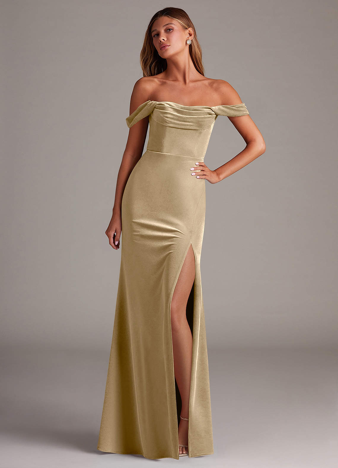 Azazie Saige Bridesmaid Dresses Golden Tan Sheath Off the Shoulder Velvet Convertible Dress image1