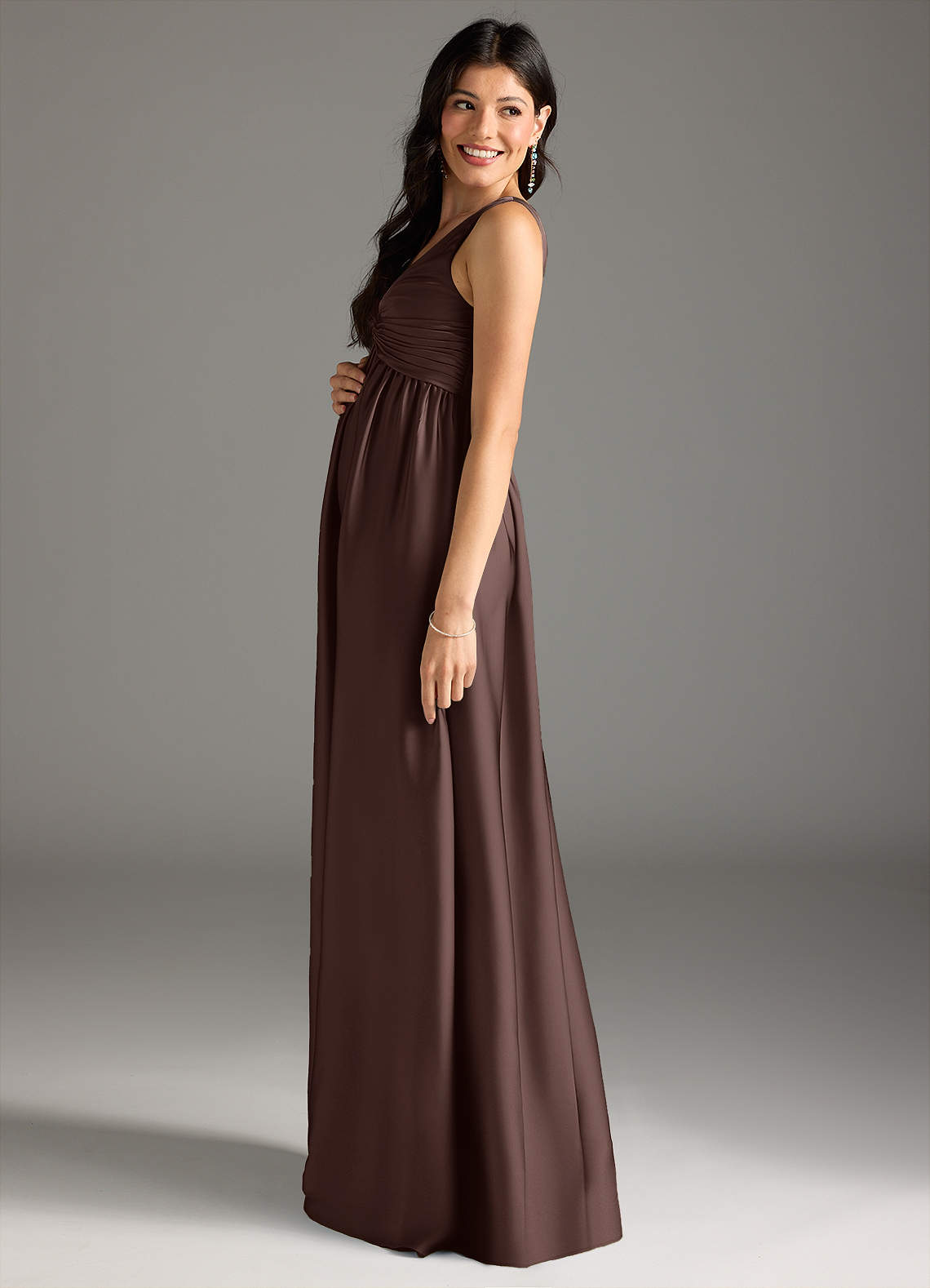 brown commitment ceremony dresses Zapakasa Women Brown Satin Long Ruched Mother of the Bride Dress Mermaid  Off the Shoulder Formal Dress with Ruffles