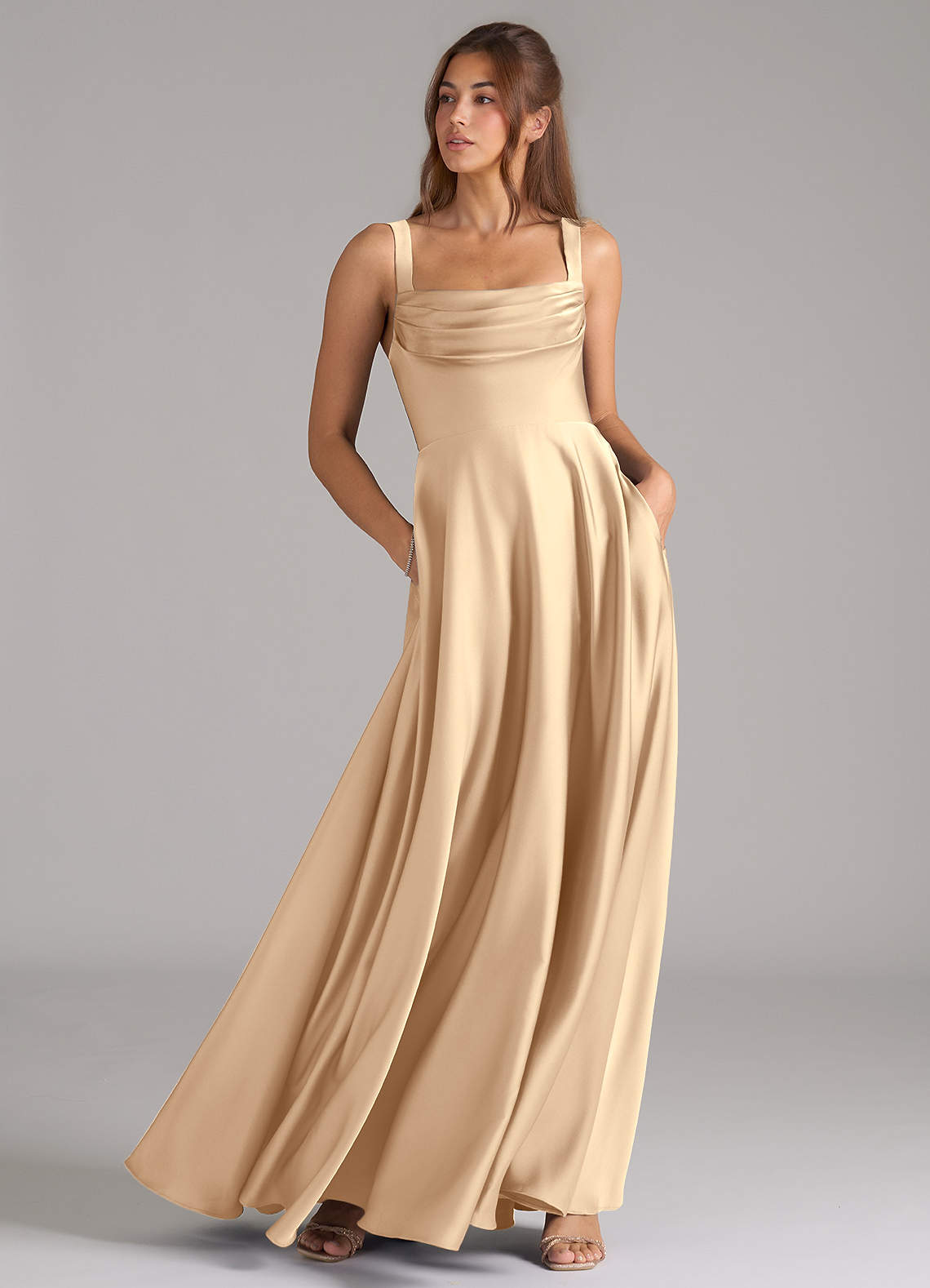 Azazie Shaude Bridesmaid Dresses Champagne A-Line Pleated Stretch Satin Dress image2