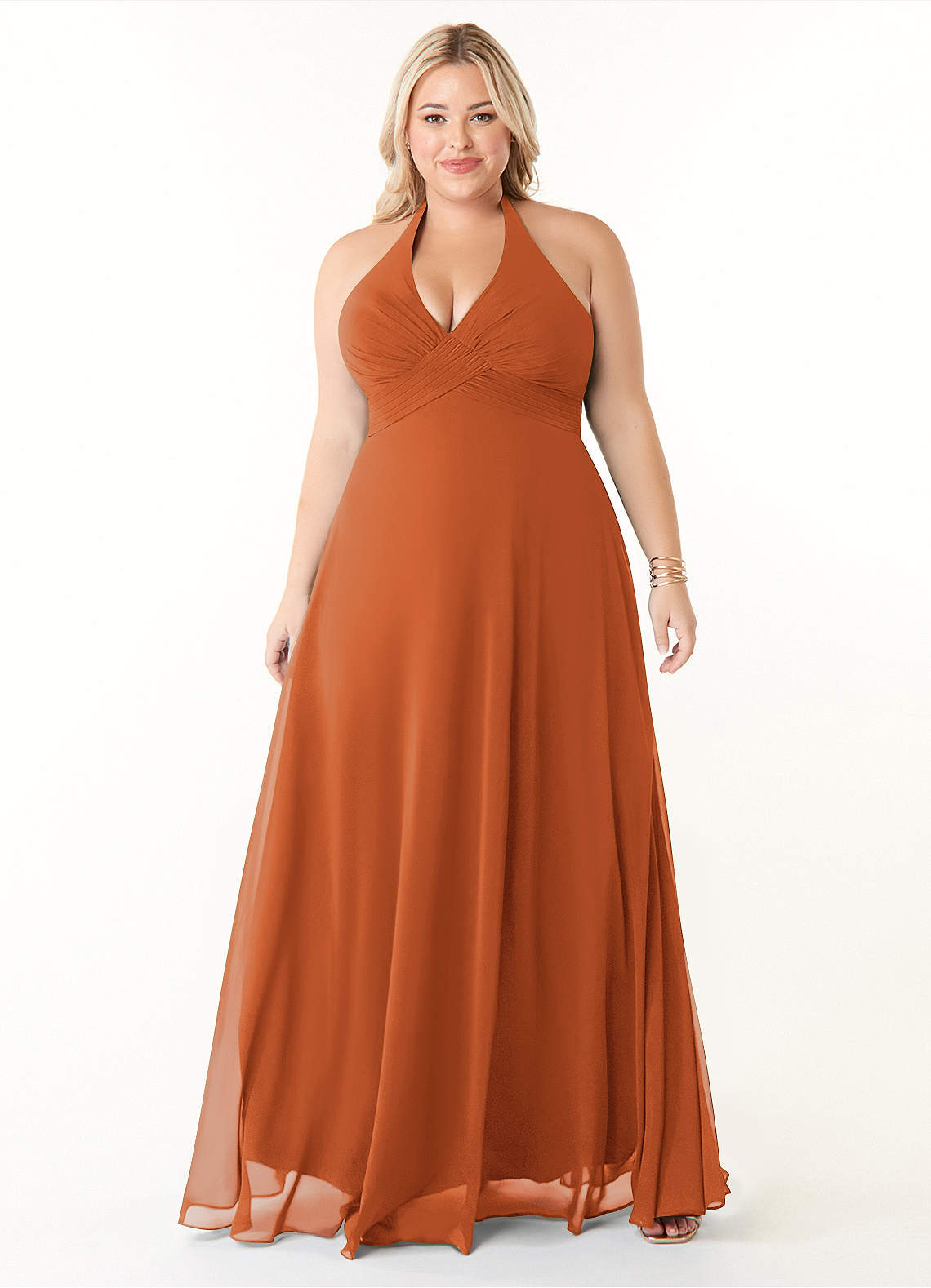 Azazie Tessie Bridesmaid Dresses Cinnamon A-Line V-Neck Pleated Chiffon Dress image1